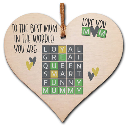 Handmade Wooden Hanging Heart Plaque Gift The Best Mum in the World Wordle Funny Mummy Play on Words