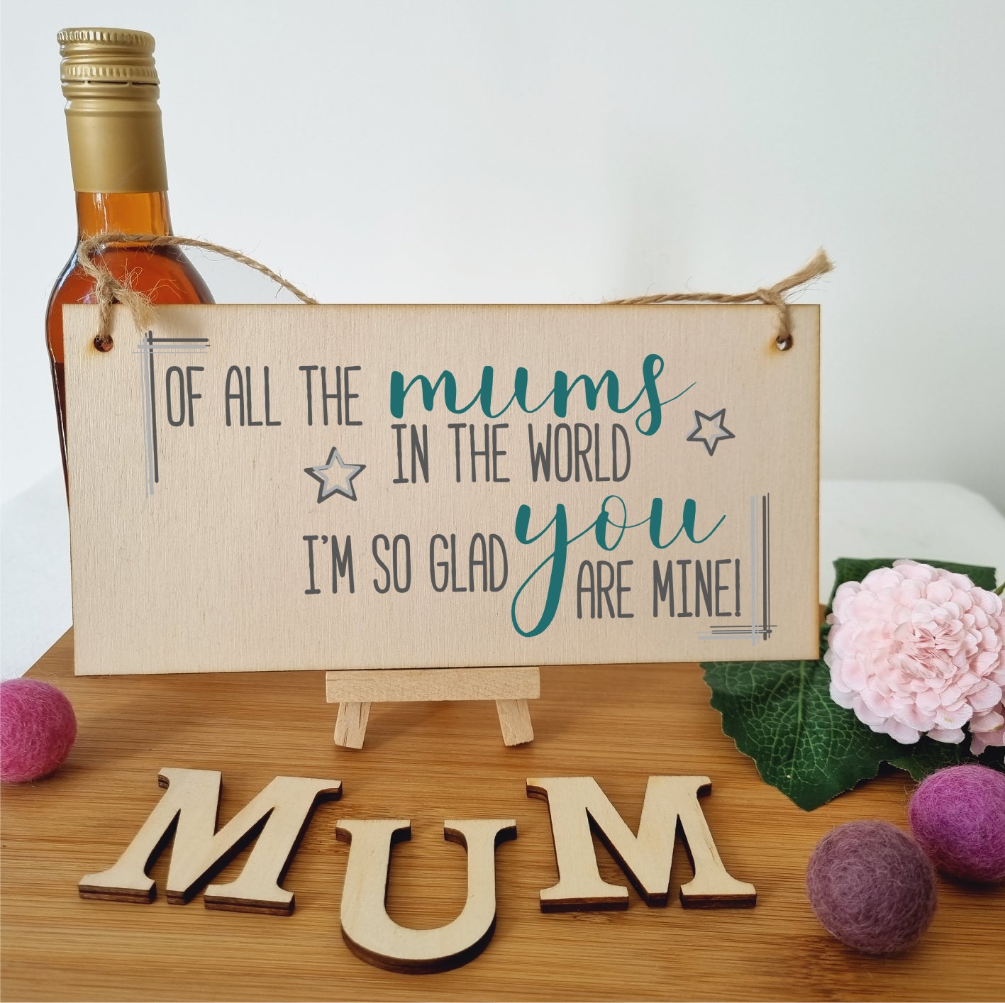 Handmade Wooden Hanging Wall Plaque Of All the Mums Glad You're Mine Sentimental Gift Sign Mother's Day