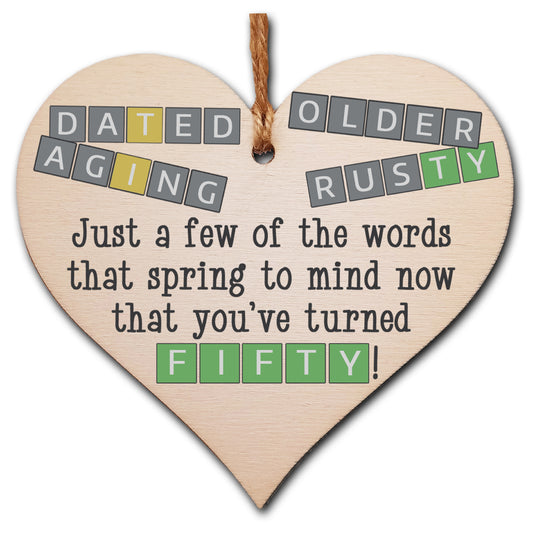 Handmade Wooden Hanging Heart Plaque Gift Happy Birthday Fifty Funny Wordle Just a few words that spring to mind