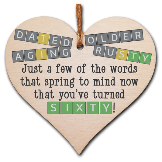 Handmade Wooden Hanging Heart Plaque Gift Happy Birthday Sixty Funny Wordle Just a few words that spring to mind