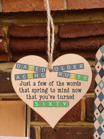 Handmade Wooden Hanging Heart Plaque Gift Happy Birthday Sixty Funny Wordle Just a few words that spring to mind