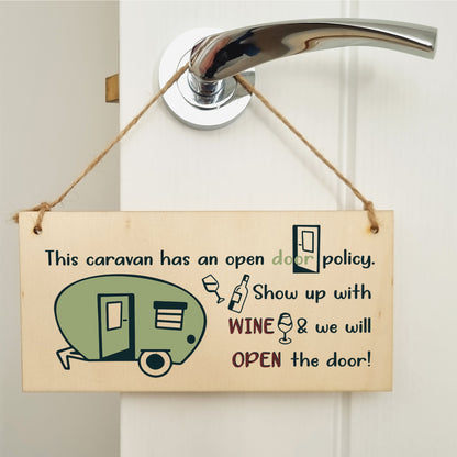 Handmade Wooden Hanging Wall Plaque Caravn Open Door Policy Bring Wine Funny Friendship Sign for Caravan Camper