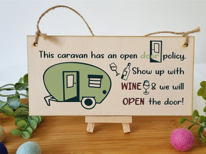 Handmade Wooden Hanging Wall Plaque Caravn Open Door Policy Bring Wine Funny Friendship Sign for Caravan Camper