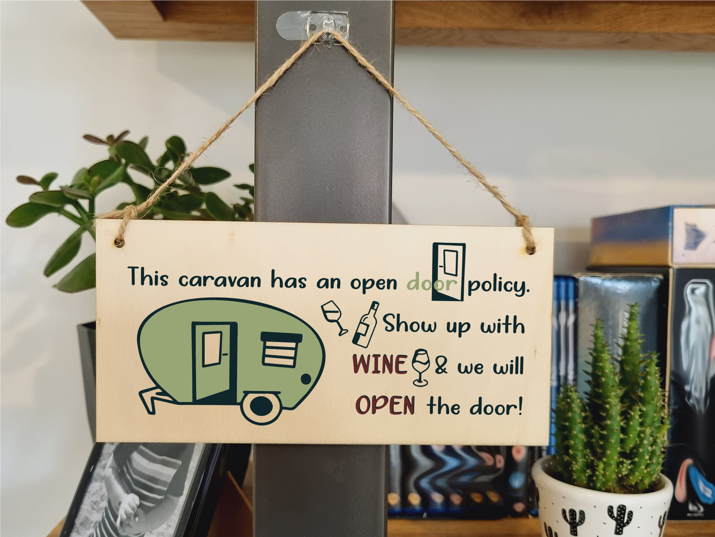 Handmade Wooden Hanging Wall Plaque Caravn Open Door Policy Bring Wine Funny Friendship Sign for Caravan Camper