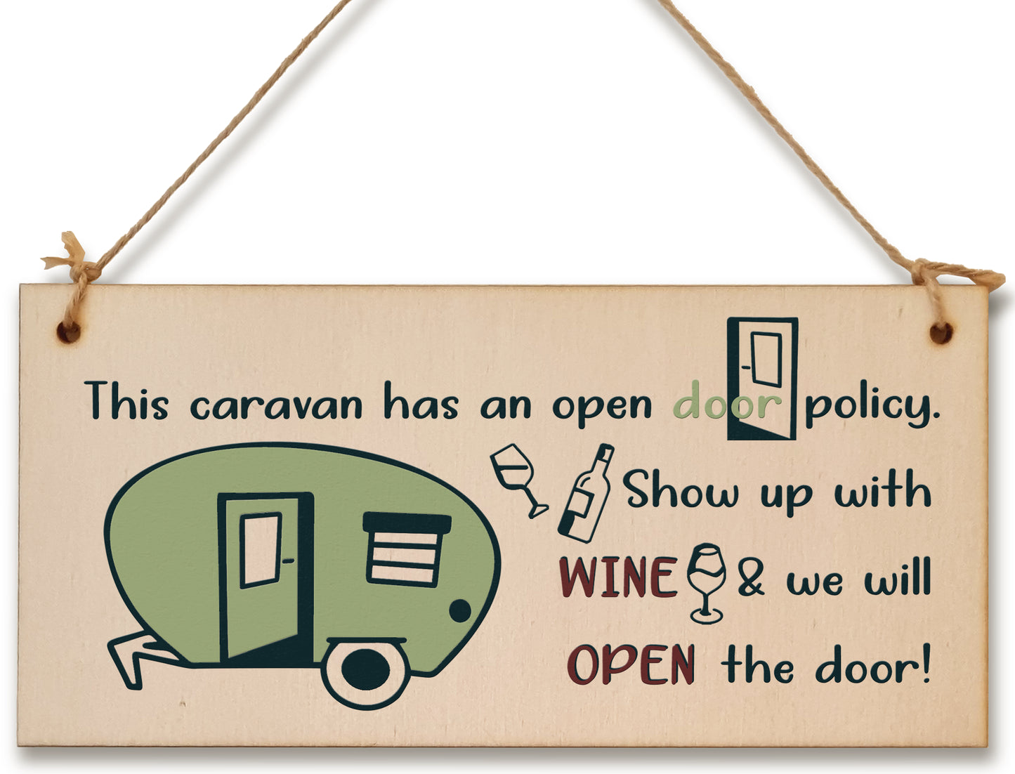 Handmade Wooden Hanging Wall Plaque Caravn Open Door Policy Bring Wine Funny Friendship Sign for Caravan Camper