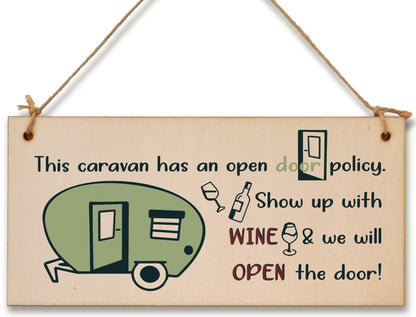 Handmade Wooden Hanging Wall Plaque Caravn Open Door Policy Bring Wine Funny Friendship Sign for Caravan Camper