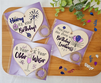 Set of 3 Hanging Decorations Wooden Hearts Happy Birthday Card Alternative | Day Shine with Loveliness | A Year Older & Wiser