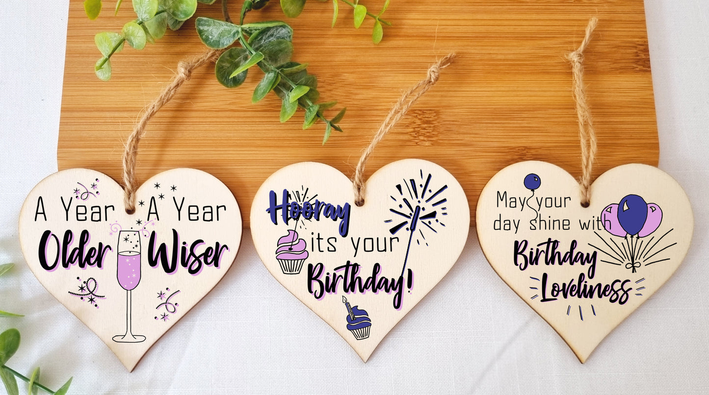 Set of 3 Hanging Decorations Wooden Hearts Happy Birthday Card Alternative | Day Shine with Loveliness | A Year Older & Wiser