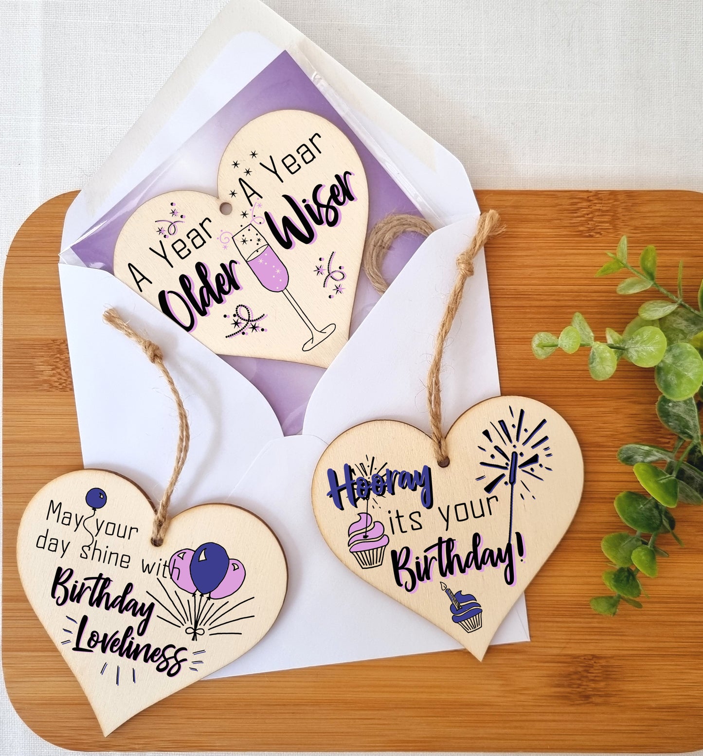 Set of 3 Hanging Decorations Wooden Hearts Happy Birthday Card Alternative | Day Shine with Loveliness | A Year Older & Wiser