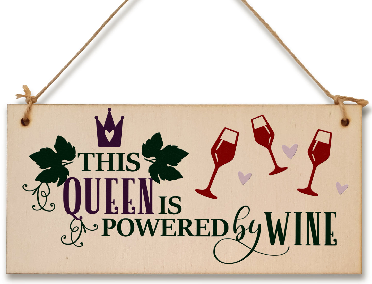 This Queen Powered by Wine Funny Novelty Handmade Wooden Hanging Wall Plaque Gift Kitchen Home Bar Sign Decoration