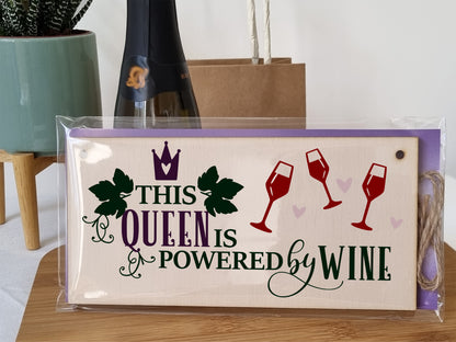 This Queen Powered by Wine Funny Novelty Handmade Wooden Hanging Wall Plaque Gift Kitchen Home Bar Sign Decoration