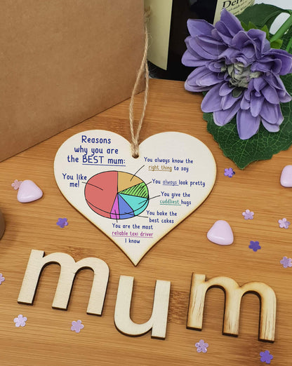 Handmade Wooden Hanging Heart Plaque Mother's Day Gift perfect for Mum fun inspirational keepsake Reason why you are the best mum look pretty best hugs card alternative from kids wall hanger