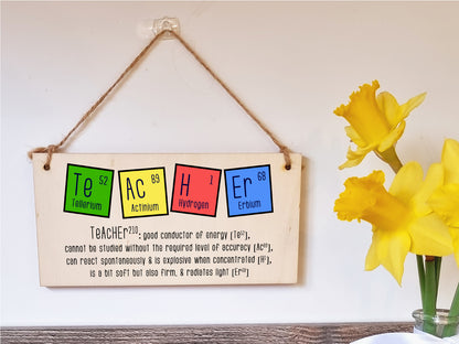 Handmade Wooden Hanging Wall Plaque Teacher Symbols Periodic Table Joke Clever End of School Term Gift