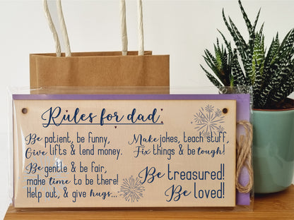 Handmade Wooden Hanging Wall Plaque Rules For Dads Be Patient Sentimental Funny Sign Father's Day Gift