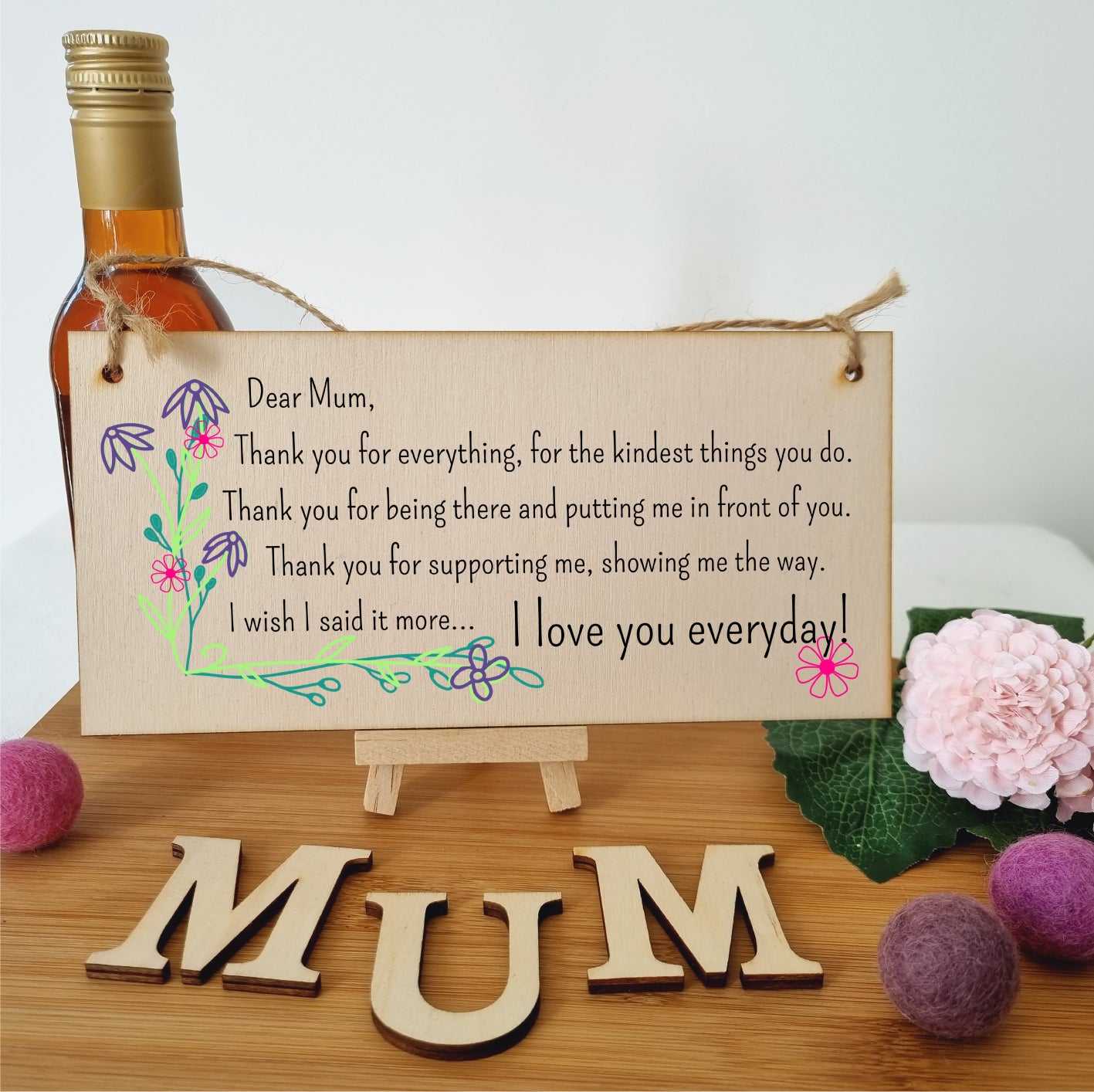 Handmade Wooden Hanging Wall Plaque Thank You Mum For Everything Love You Sentimental Gift Sign Mother's Day