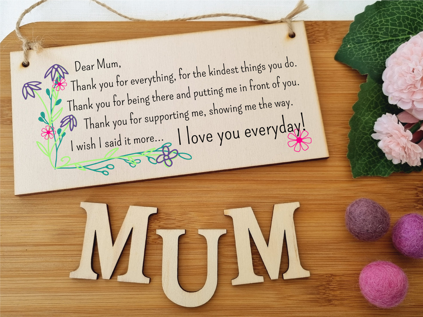 Handmade Wooden Hanging Wall Plaque Thank You Mum For Everything Love You Sentimental Gift Sign Mother's Day