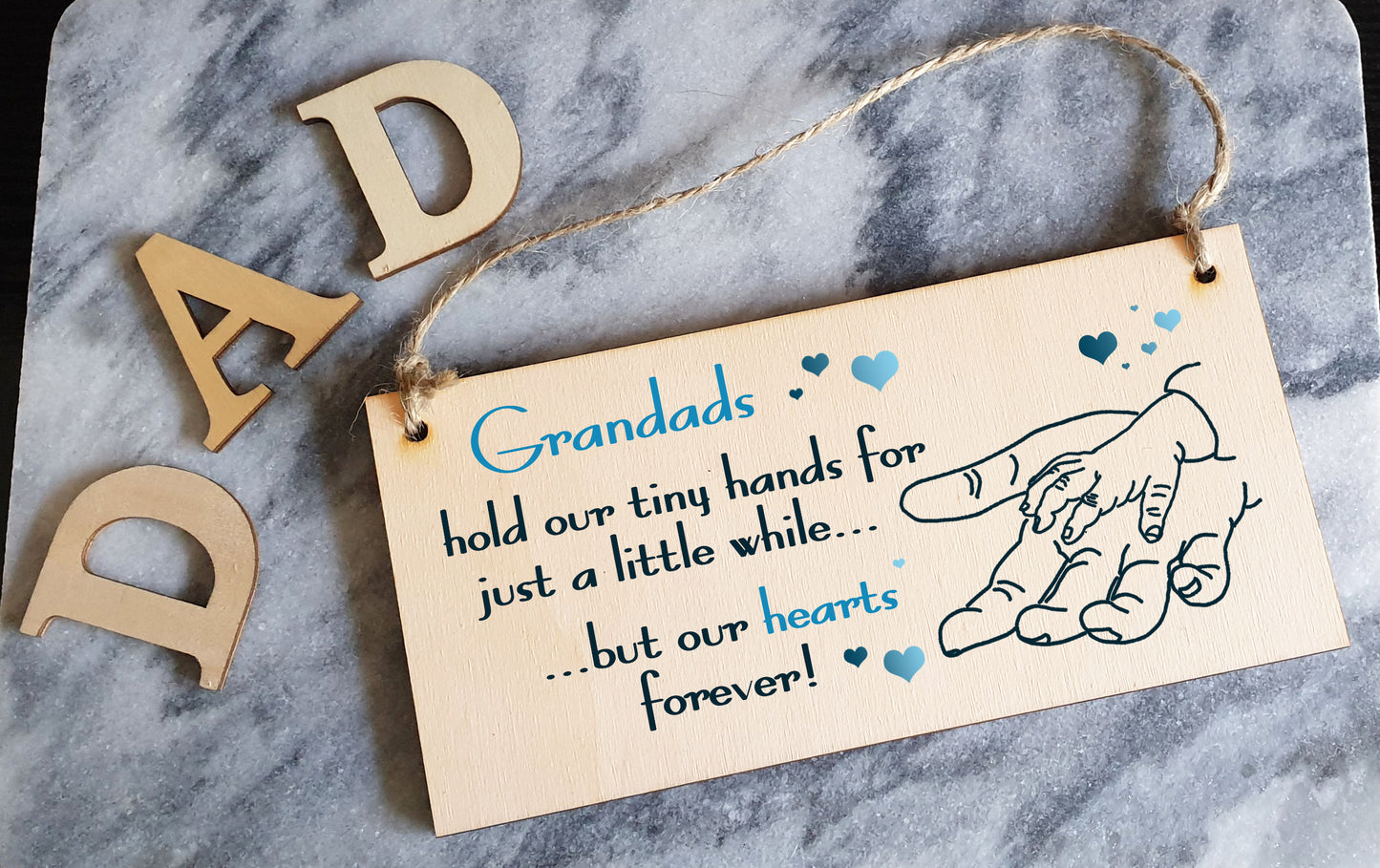 Handmade Wooden Hanging Wall Plaque Grandads Hold Little Hands Hearts Forever Sentimental Gift Father's Day