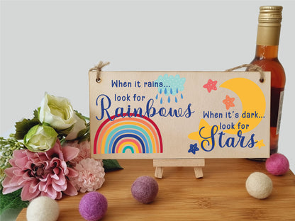 Handmade Wooden Hanging Wall Plaque When it rains look for rainbows dark look for stars Decorative Sign Friendship