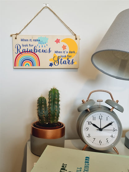 Handmade Wooden Hanging Wall Plaque When it rains look for rainbows dark look for stars Decorative Sign Friendship