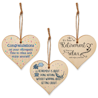 Set of 3 Hanging Decorations Wooden Hearts Retirement Colleague Gift | Doing Nothing Not Getting Caught | Time to Relax Enjoy