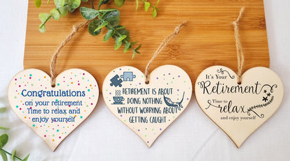 Set of 3 Hanging Decorations Wooden Hearts Retirement Colleague Gift | Doing Nothing Not Getting Caught | Time to Relax Enjoy