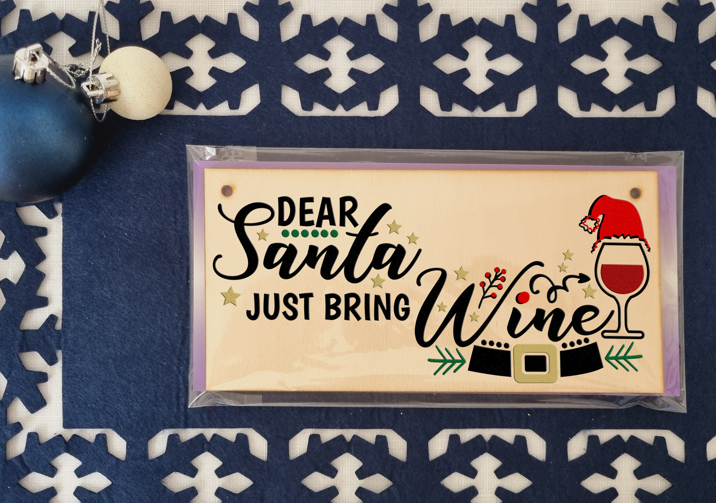 Dear Santa, Just bring wine Funny Novelty Boozy Christmas Sign Handmade Wooden Hanging Wall Plaque Gift for Kitchen