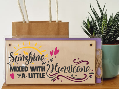 Handmade Wooden Hanging Wall Plaque Sunshine Mixed with a Little Hurricane Decorative Friendship Gift Sassy Queen