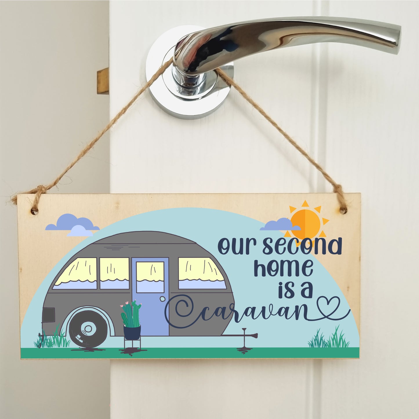 Handmade Wooden Hanging Wall Plaque Our Second Home is a Caravan Fun Camping Tent Campervan Adventure Sign