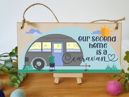 Handmade Wooden Hanging Wall Plaque Our Second Home is a Caravan Fun Camping Tent Campervan Adventure Sign