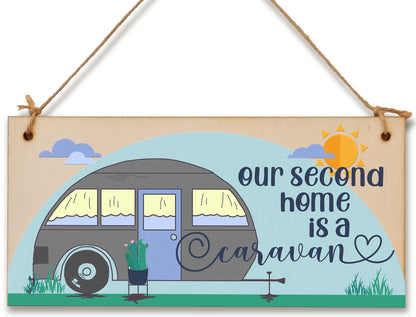 Handmade Wooden Hanging Wall Plaque Our Second Home is a Caravan Fun Camping Tent Campervan Adventure Sign