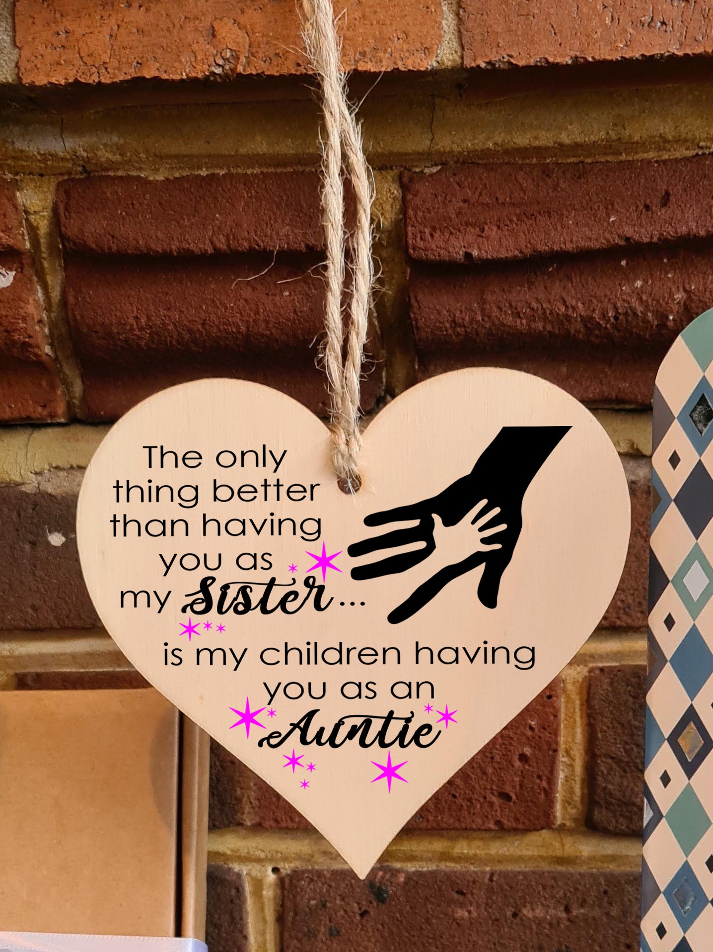 Handmade Wooden Hanging Heart Plaque Gift for Sister Auntie Loving Thoughtful Thank You Keepsake