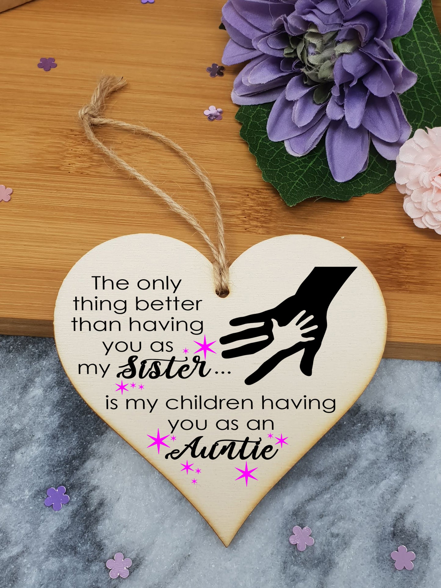 Handmade Wooden Hanging Heart Plaque Gift for Sister Auntie Loving Thoughtful Thank You Keepsake