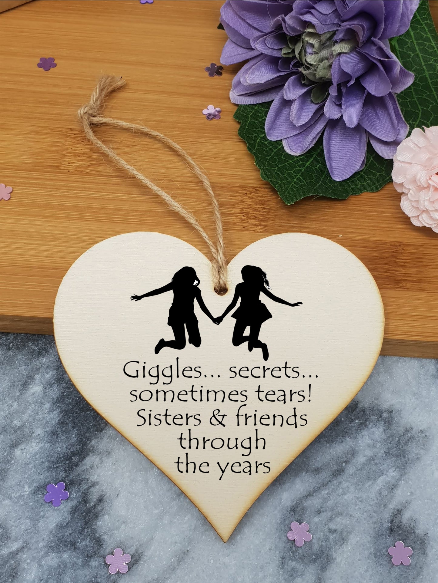 Handmade Wooden Hanging Heart Plaque Gift Perfect for Sisters Lovely Friendship Keepsake