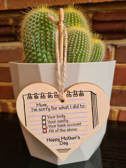 Handmade Wooden Hanging Heart Plaque Mother's Day Gift Mum I'm Sorry for what I did to your body bank account novelty funny keepsake from daughter son kids wall hanger card alternative