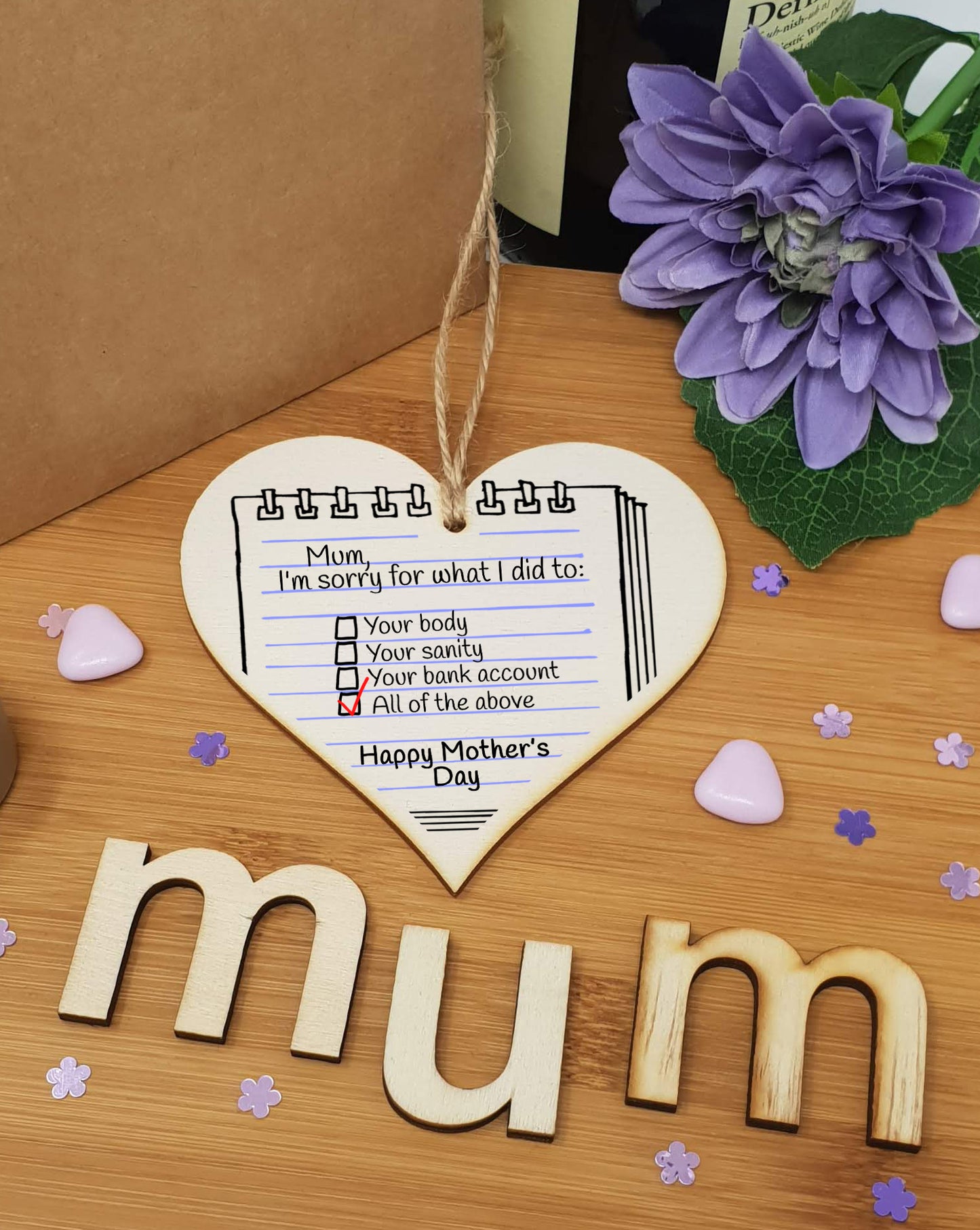 Handmade Wooden Hanging Heart Plaque Mother's Day Gift Mum I'm Sorry for what I did to your body bank account novelty funny keepsake from daughter son kids wall hanger card alternative