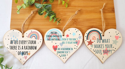 Set of 3 Hanging Decorations Wooden Hearts Inspirational Gift or Pick Me Up Vibes | Make Your Soul Happy | Storm Before a Rainbow