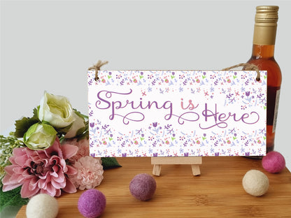 Handmade Wooden Hanging Wall Plaque Spring is Here Cute Fun Easter Sign Springtime Garden Kitchen Decoration