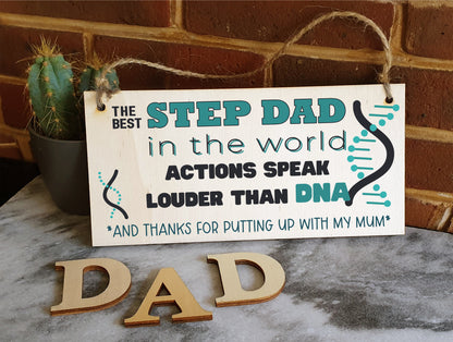 Handmade Wooden Hanging Wall Plaque Step Dad More than DNA Funny Novelty Sign Father's Day Gift Man Cave Office