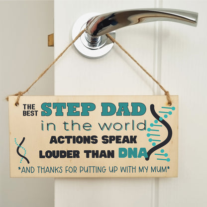 Handmade Wooden Hanging Wall Plaque Step Dad More than DNA Funny Novelty Sign Father's Day Gift Man Cave Office