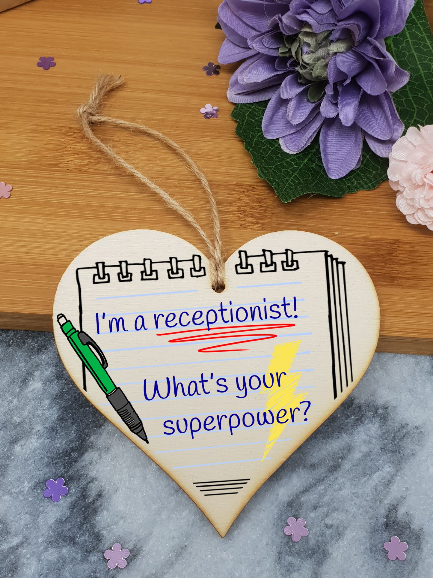 Handmade Wooden Hanging Heart Plaque Gift I'm a Receptionist What's Your Superpower Fun inspirational present card alternative desk decoration