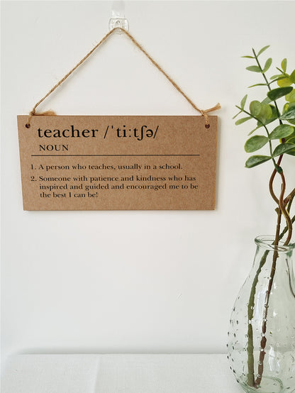 Handmade Wooden Hanging Wall Plaque Teacher Noun Dictionary Definition Patience Kindness End of School Term Gift