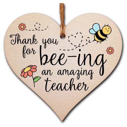 Thank You for Being Amazing Teacher Fun Bee Design Hanging Heart Wooden Decoration End of Term Gift Card Alternative