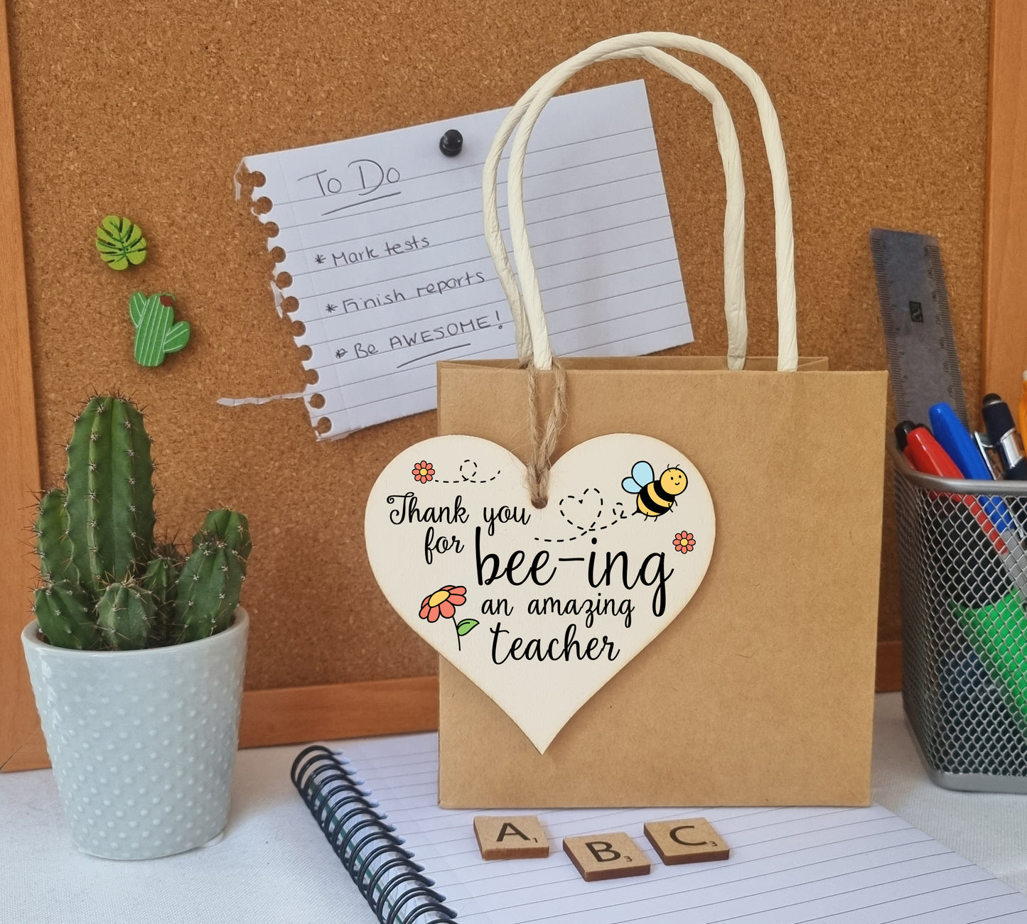 Thank You for Being Amazing Teacher Fun Bee Design Hanging Heart Wooden Decoration End of Term Gift Card Alternative