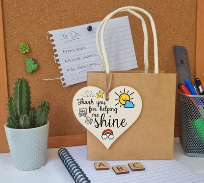 Thank You for Helping Me Shine Fun Design Hanging Heart Wooden Decoration End of Term Gift Card Alternative Teacher