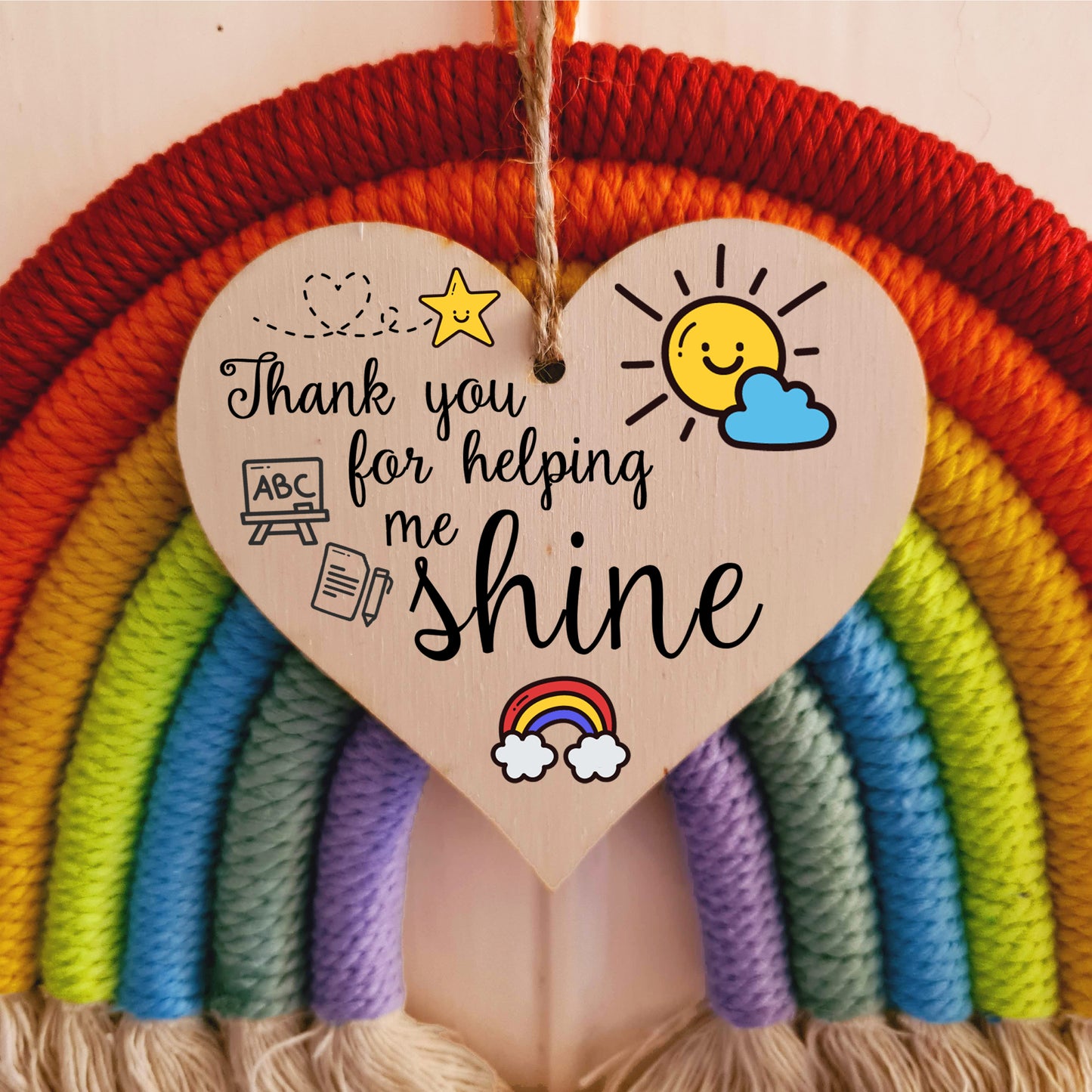 Thank You for Helping Me Shine Fun Design Hanging Heart Wooden Decoration End of Term Gift Card Alternative Teacher