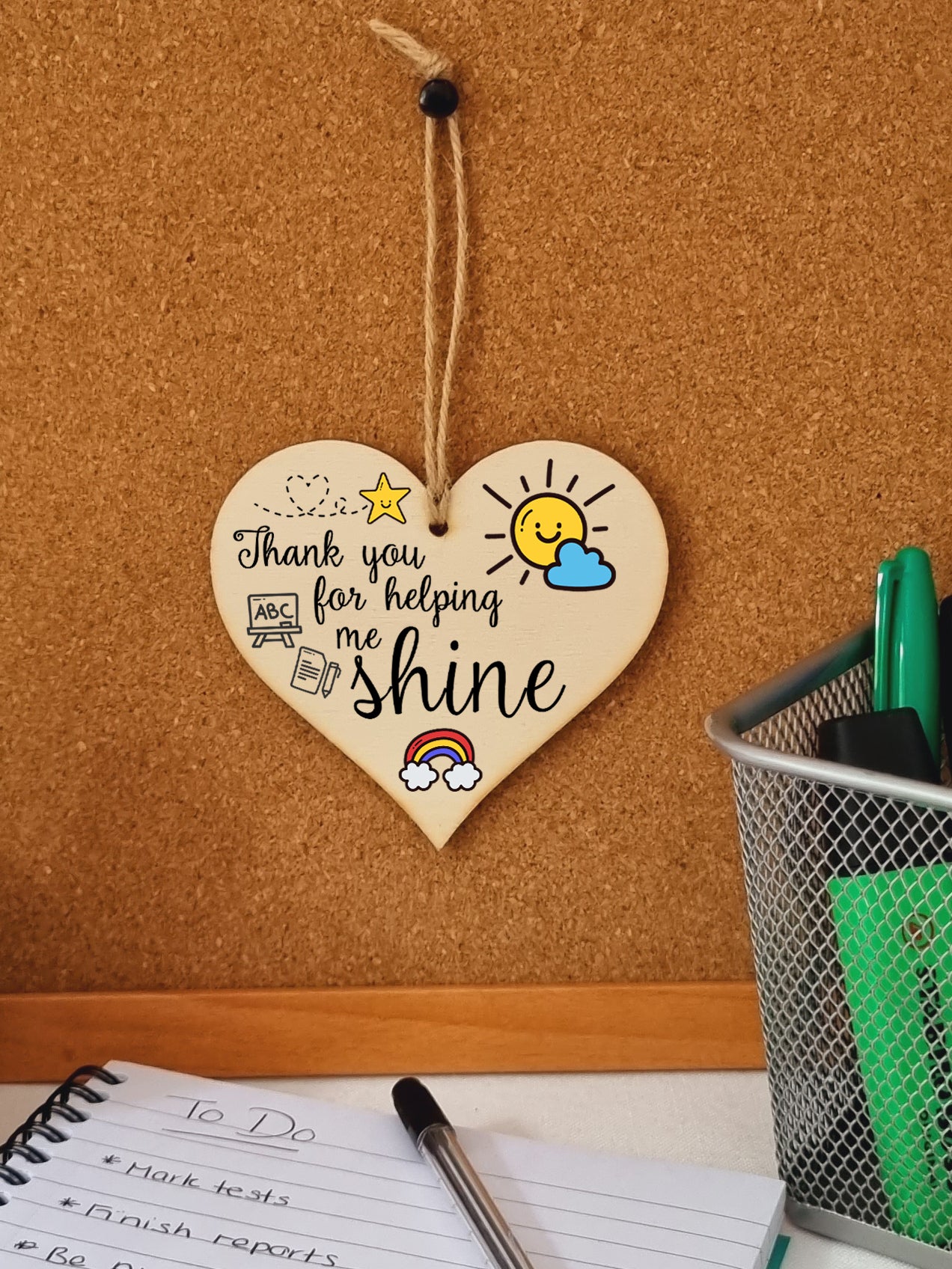 Thank You for Helping Me Shine Fun Design Hanging Heart Wooden Decoration End of Term Gift Card Alternative Teacher