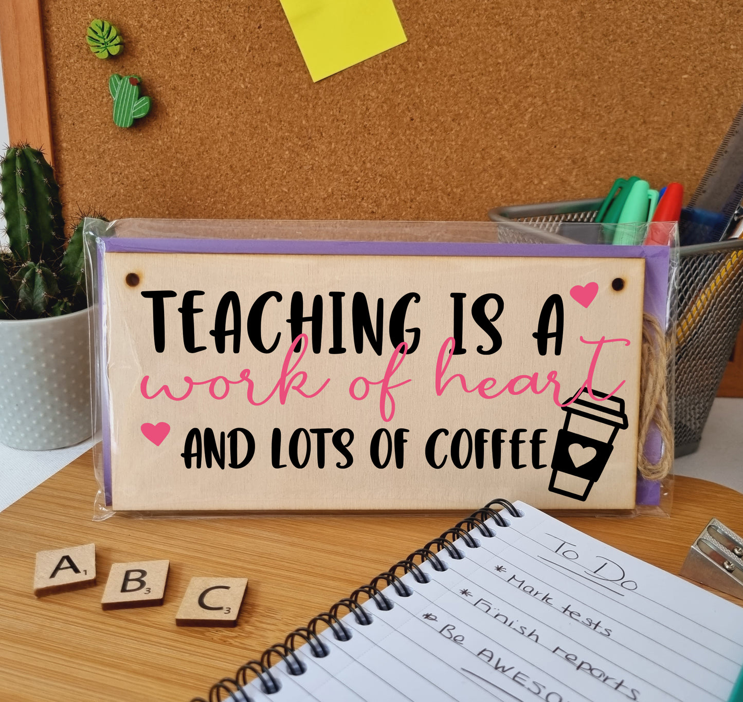 Teaching Work of Heart and Coffee Funny Handmade Wooden Hanging Wall Plaque Gift Teacher Teaching Assistant End of Term