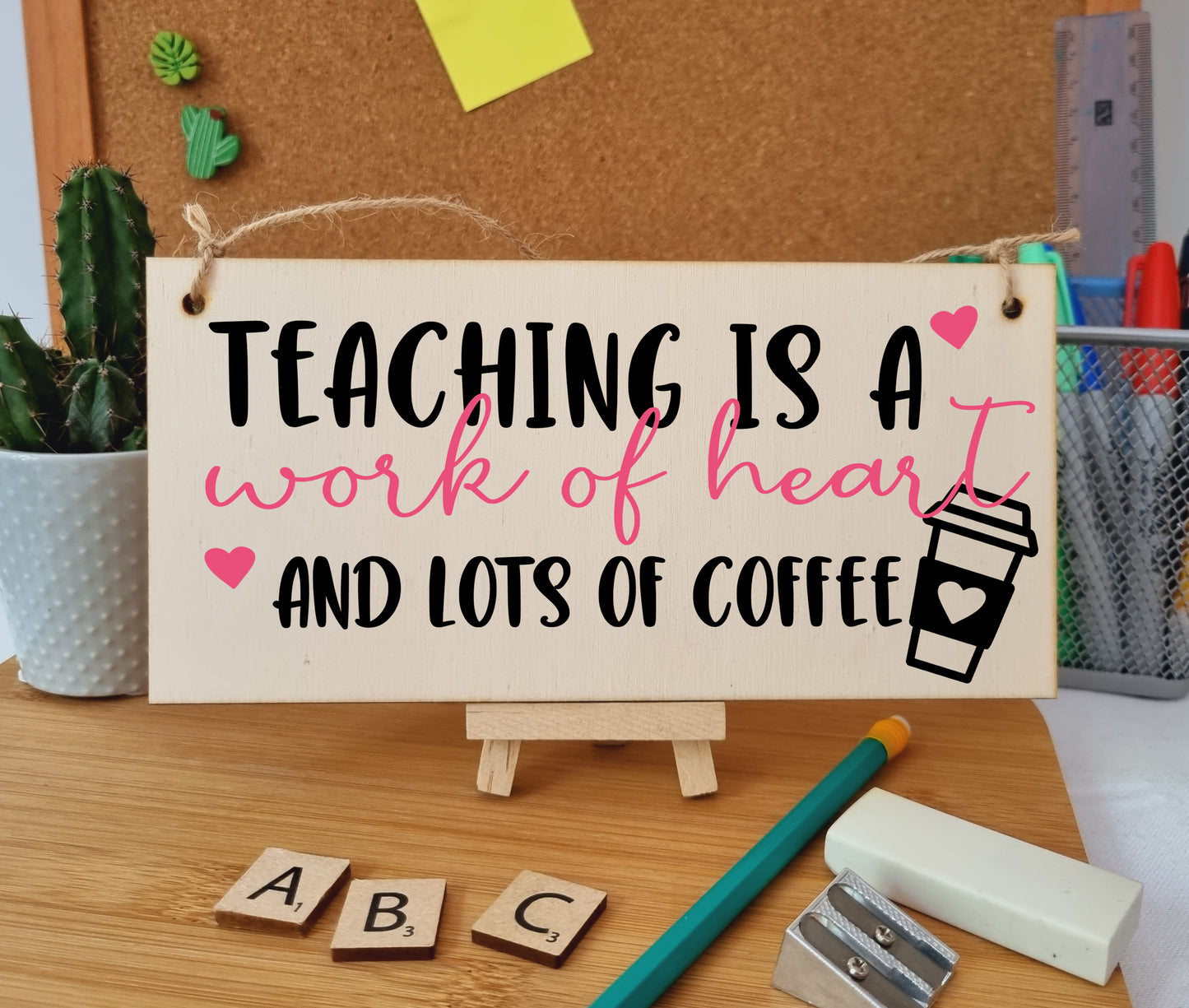 Teaching Work of Heart and Coffee Funny Handmade Wooden Hanging Wall Plaque Gift Teacher Teaching Assistant End of Term