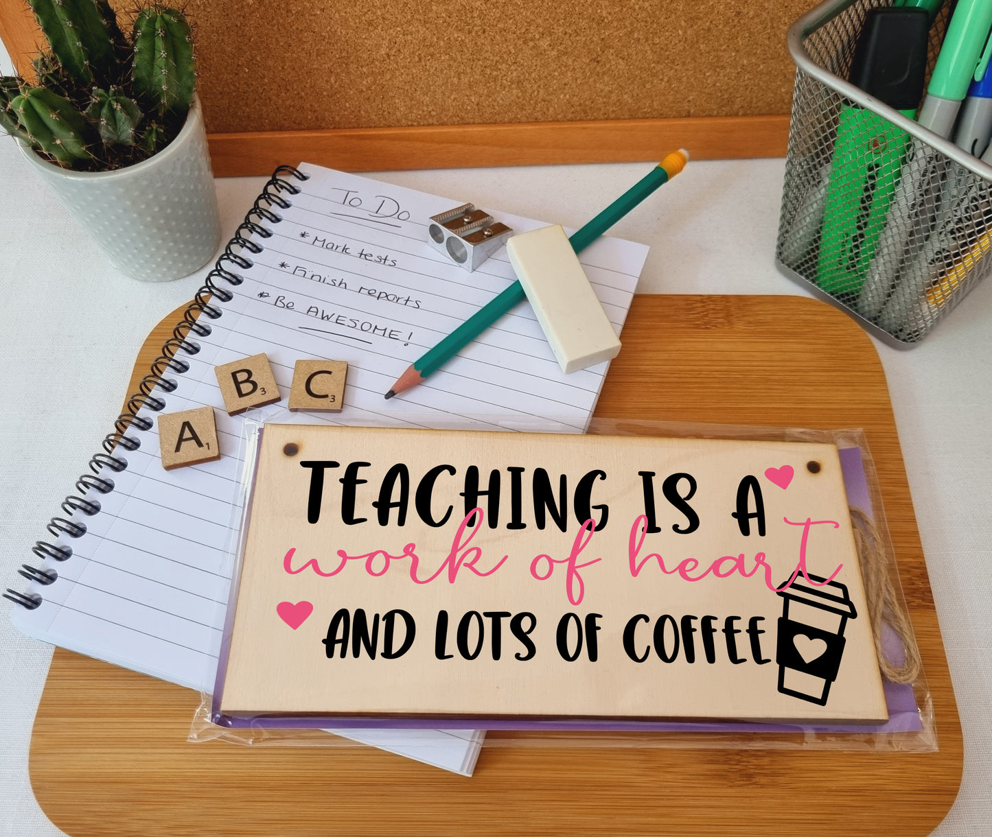 Teaching Work of Heart and Coffee Funny Handmade Wooden Hanging Wall Plaque Gift Teacher Teaching Assistant End of Term