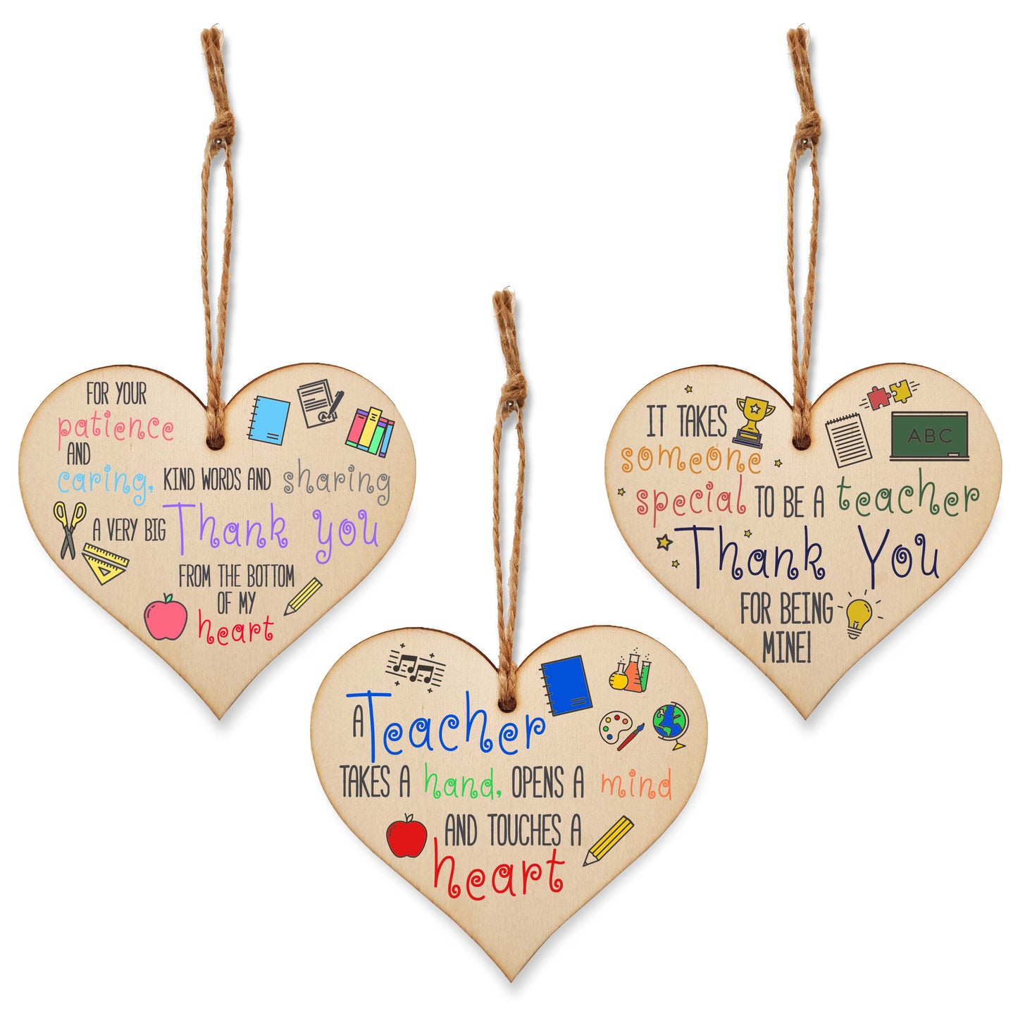 Set of 3 Hanging Decorations Wooden Hearts Teacher TA End of Term Gift | Someone Special Thank You | Takes a Hand Opens a Mind